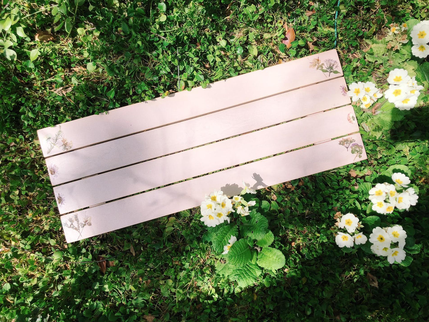Handmade painted wood bath tray with pressed flowers