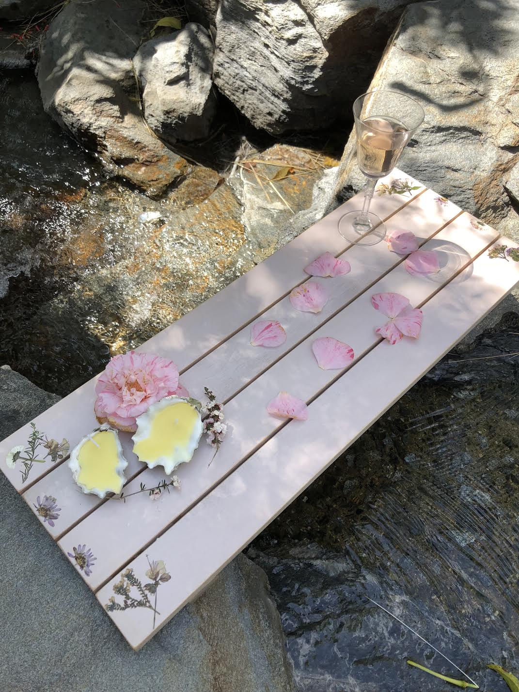 Handmade painted wood bath tray with pressed flowers