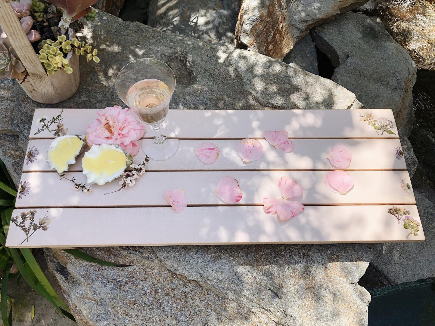 Handmade painted wood bath tray with pressed flowers
